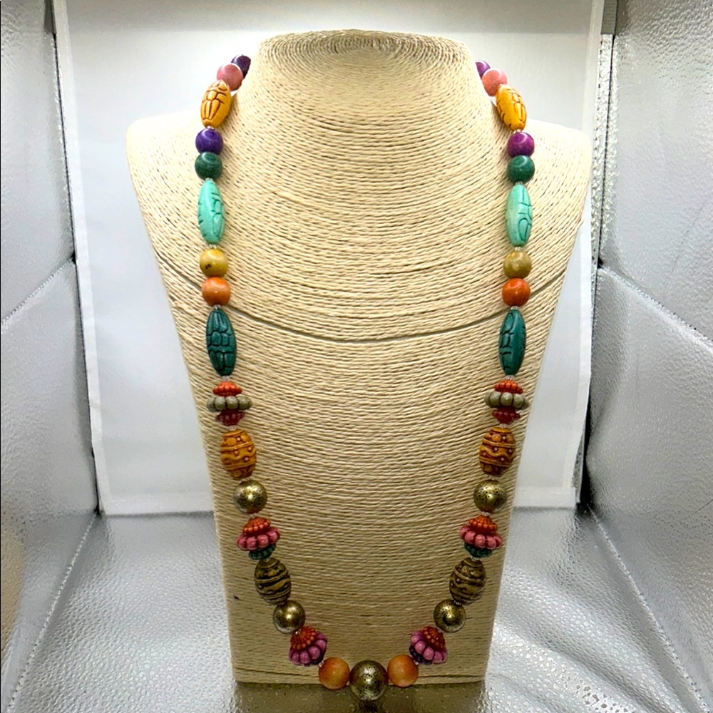 Mixed media beaded necklace multicolored tribal style earth tones festival boho